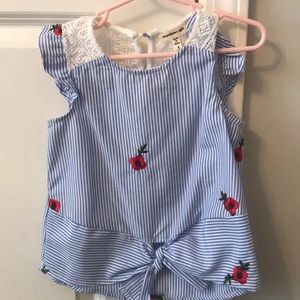 Blue & white striped t w/ red flower embroidery